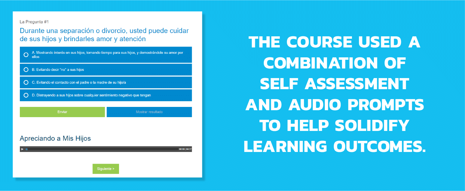 The course used acombination of self assessment and audio prompts to help solidifylearning outcomes.