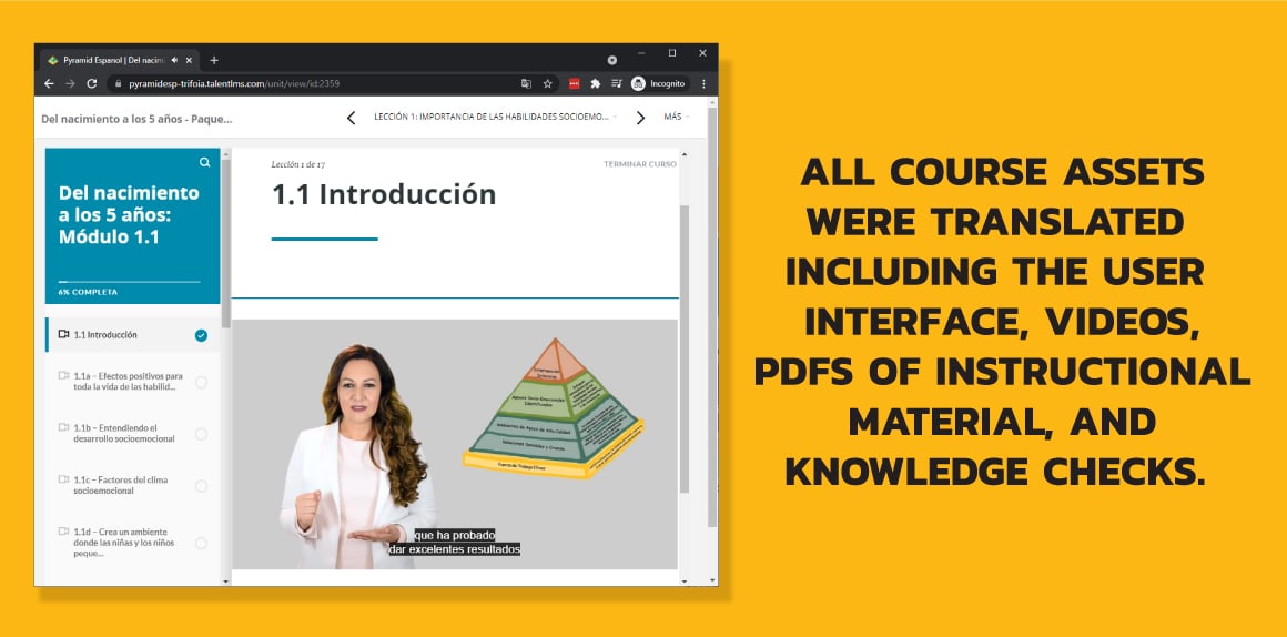 Screenshot of browser window with course. Text reads: All course assets were translated including the user interface, videos, PDFs of instructional materials and knowledge checks.