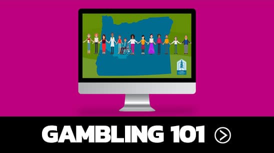 Computer monitor with screenshot of gambling animation. Gambling 101 link.
