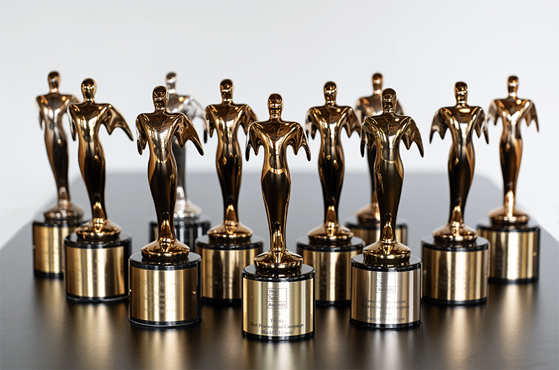 Photo of 12 Telly Awards on a white background