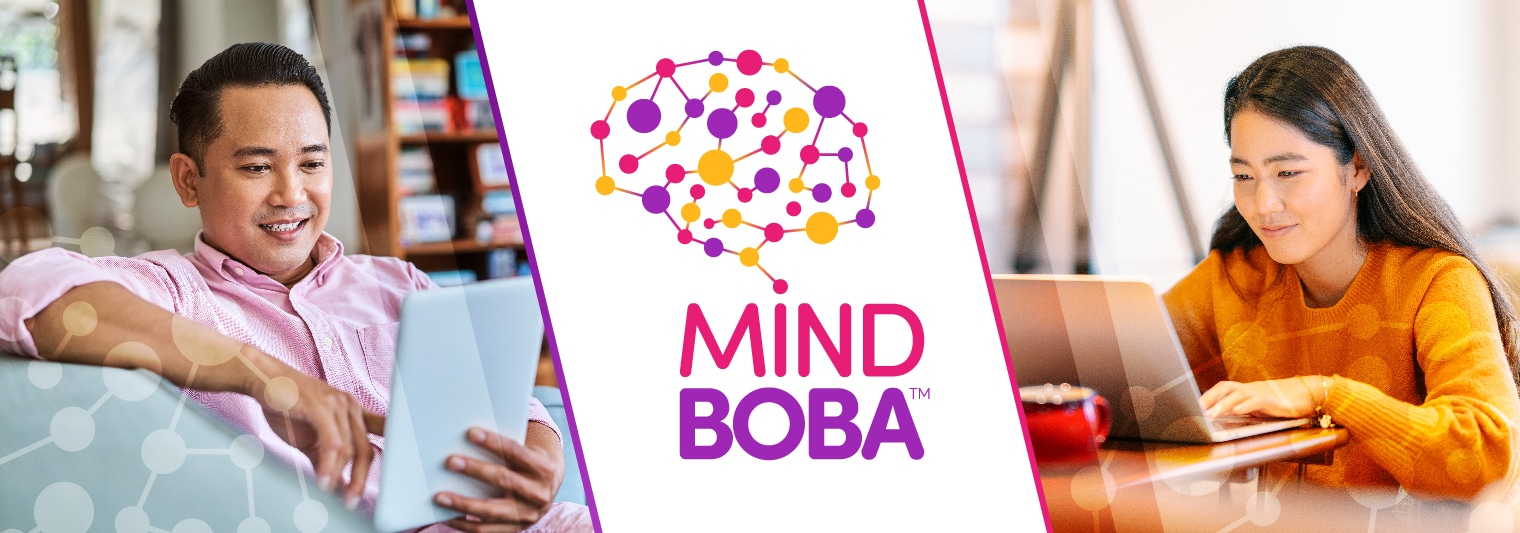 Mindboba Logo with Images of Asian Americans using computers and tablets